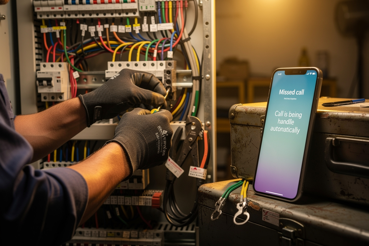 Électricien en intervention sur tableau électrique avec appels gérés automatiquement