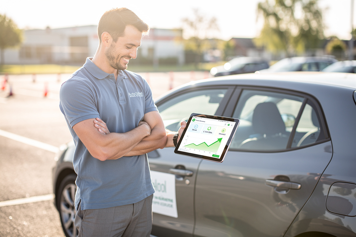 Gérant d'auto-école consulte les statistiques de son assistant vocal IA sur tablette, rassuré par les résultats