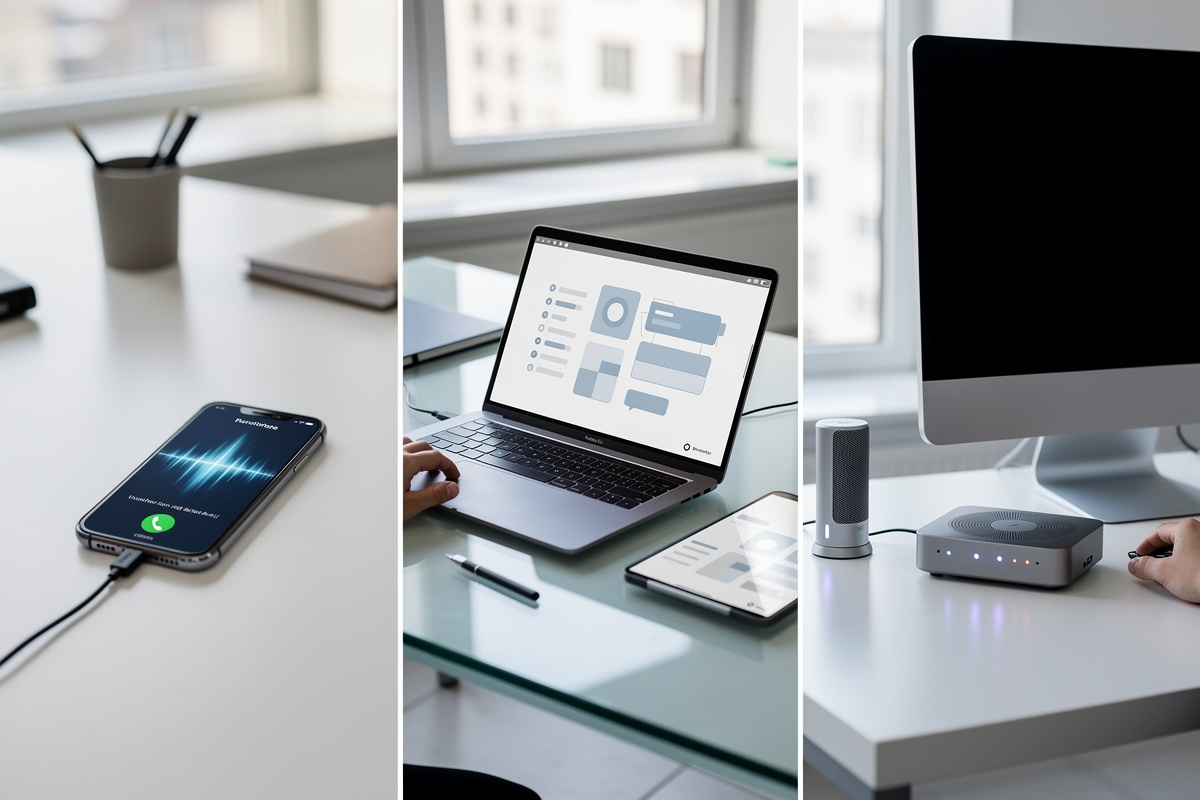 Comparaison des critères d’un assistant vocal IA dans un bureau moderne, avec prise d’appel et qualification automatique.