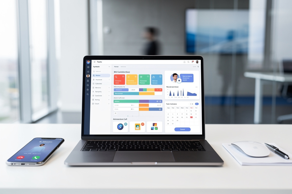 Intégration CRM et agenda avec un assistant vocal IA, montrant la synchronisation des appels et des rendez-vous.