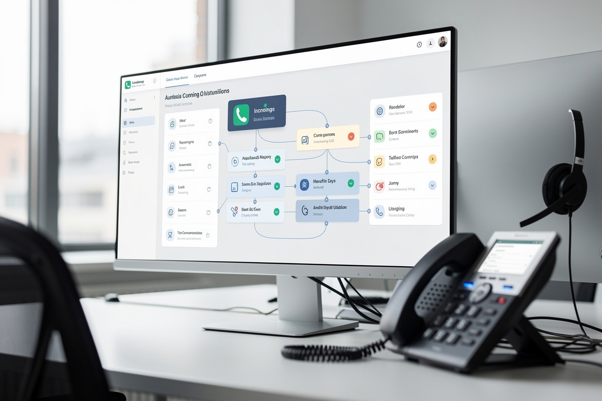 Schéma d’intégration téléphonie CRM avec assistant vocal IA dans un environnement professionnel.