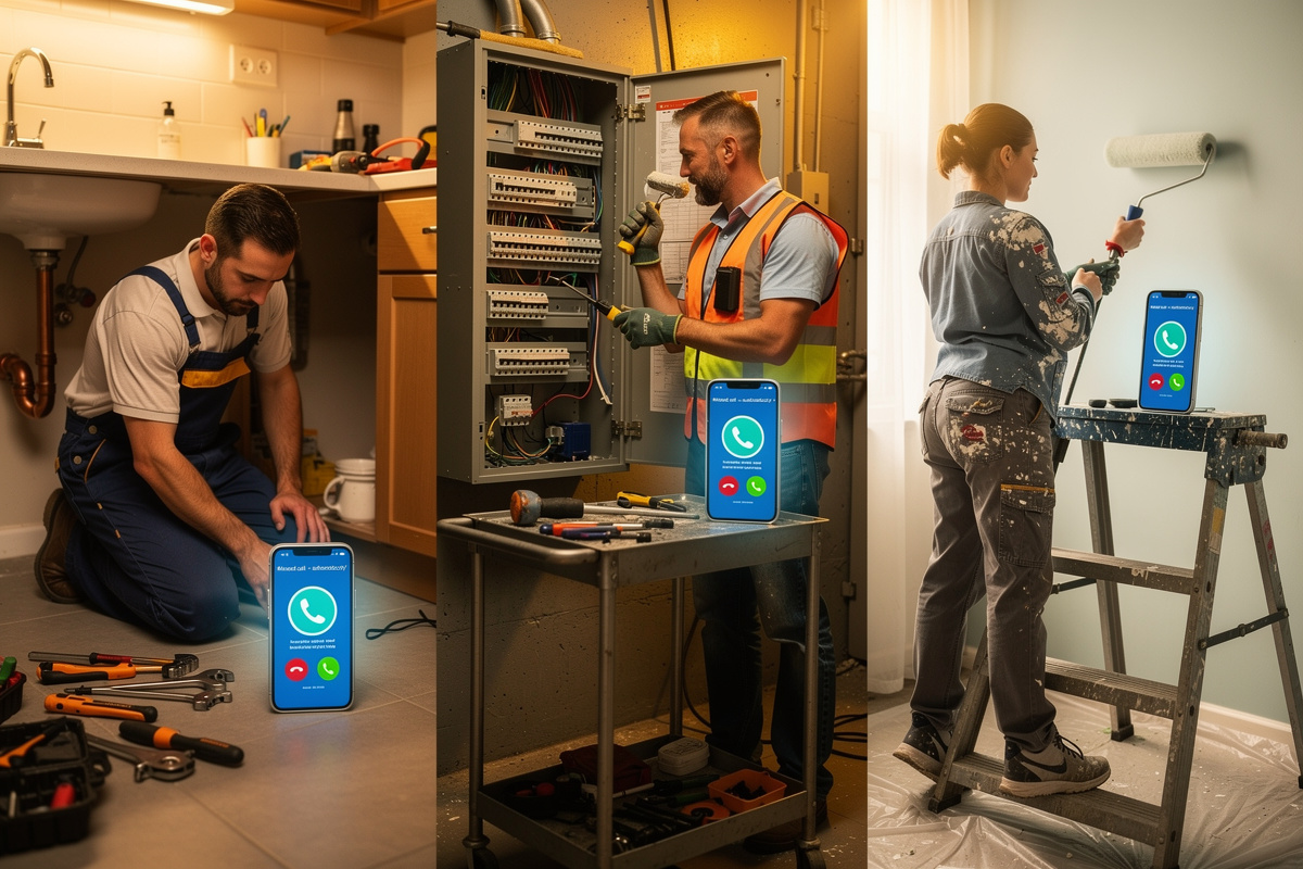 Plombier, électricien et peintre bénéficiant d'un assistant vocal IA pour ne plus manquer d'appels en chantier