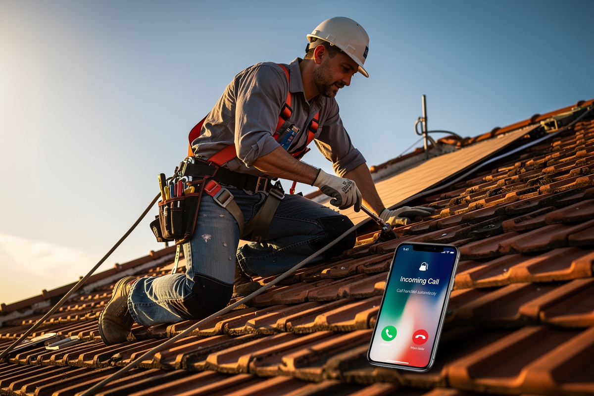 Artisan couvreur en déplacement sur un toit pendant qu'un assistant vocal gère ses appels entrants