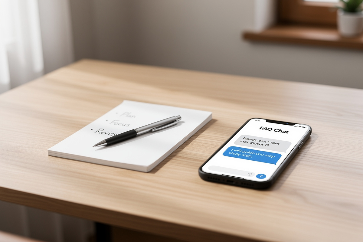 Smartphone affichant une FAQ interactive sur l'assistant vocal sans installation posé sur un bureau d'artisan