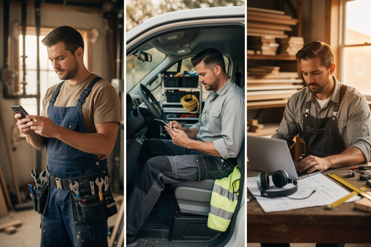 Trois artisans illustrant des cas concrets de choix entre assistant vocal et secrétaire téléphonique