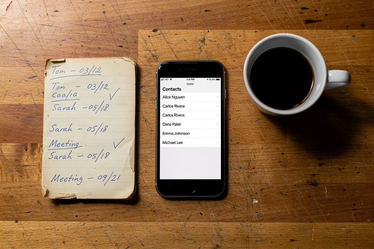 Carnet de contacts artisan comparé à une application CRM simple sur smartphone pour gérer les clients
