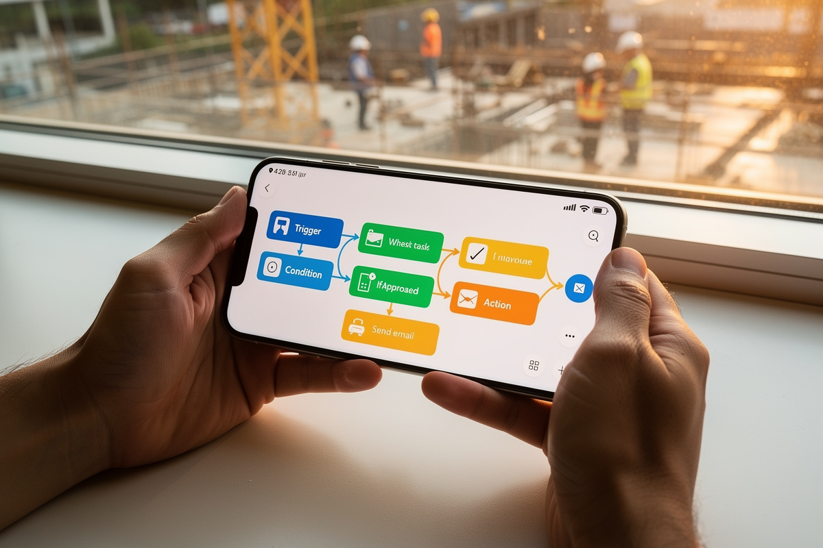 Artisan configurant un message automatique client sur smartphone avec un outil no-code simple