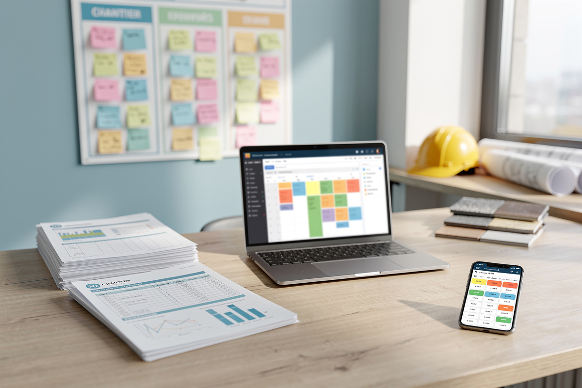 Devis artisan relié au planning chantier sur un bureau de gestion de travaux
