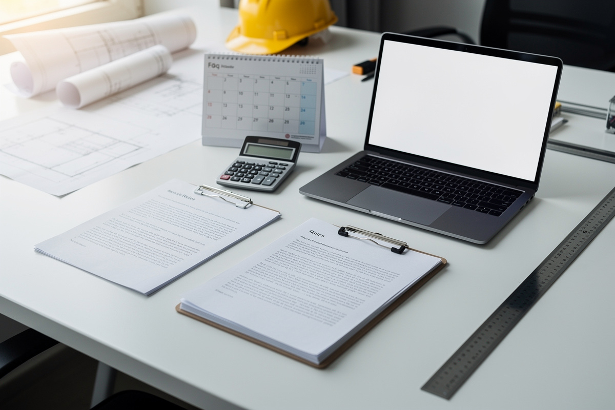 Documents et outils de bureau autour d’un devis artisan pour illustrer les questions fréquentes