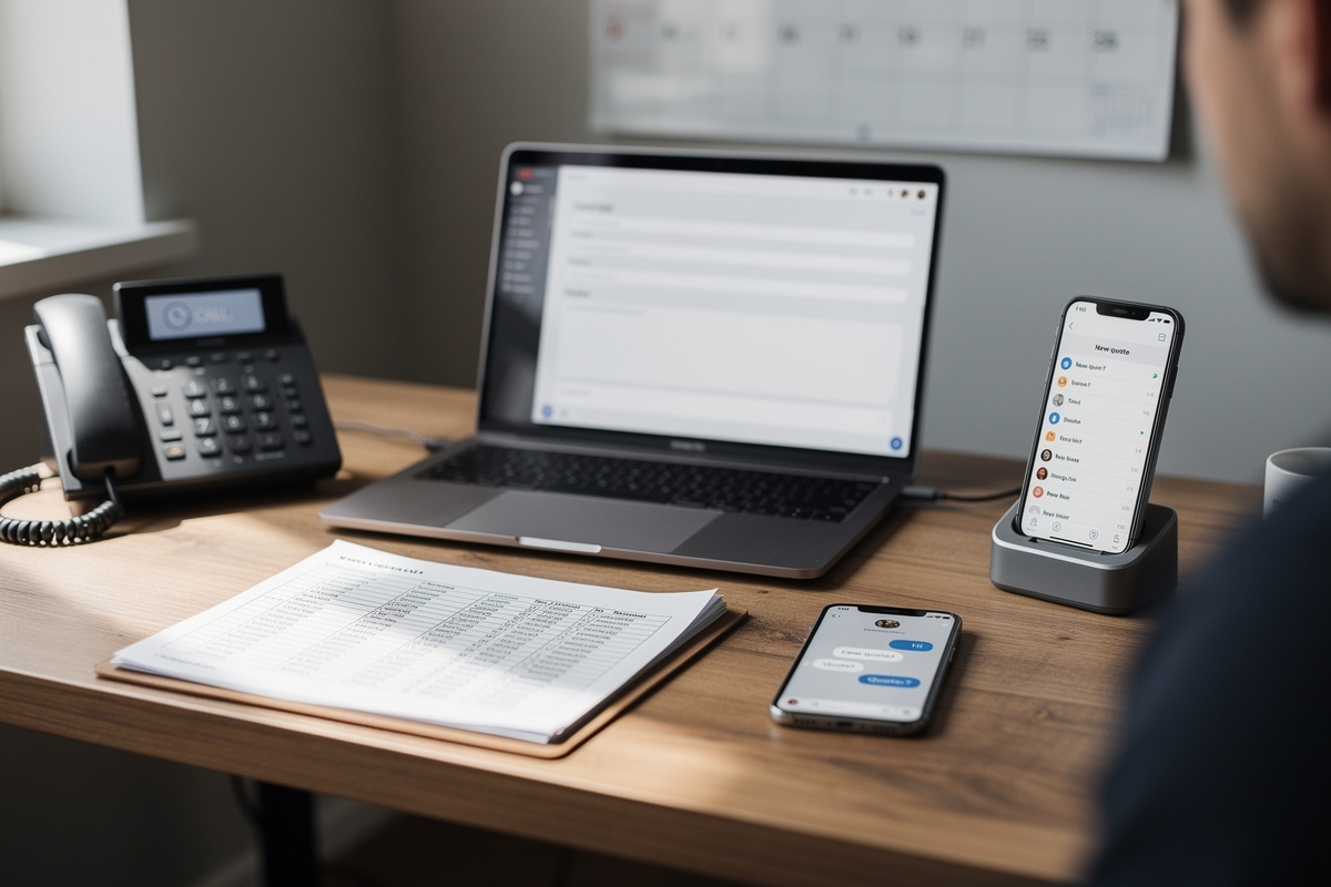 Réception de devis multicanaux depuis téléphone, email, formulaire et messagerie dans un atelier