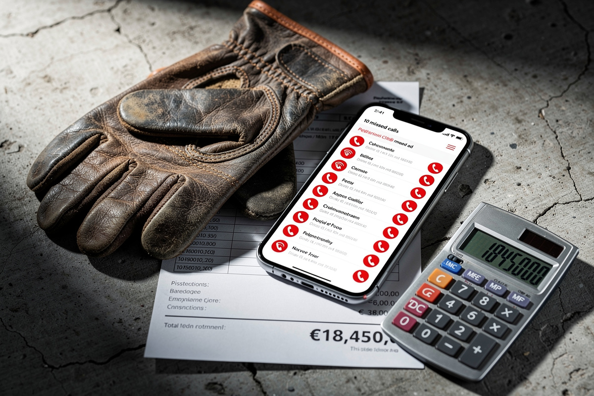 Appels manqués sur smartphone d'artisan posé sur une facture chantier, illustrant le coût des devis non traités