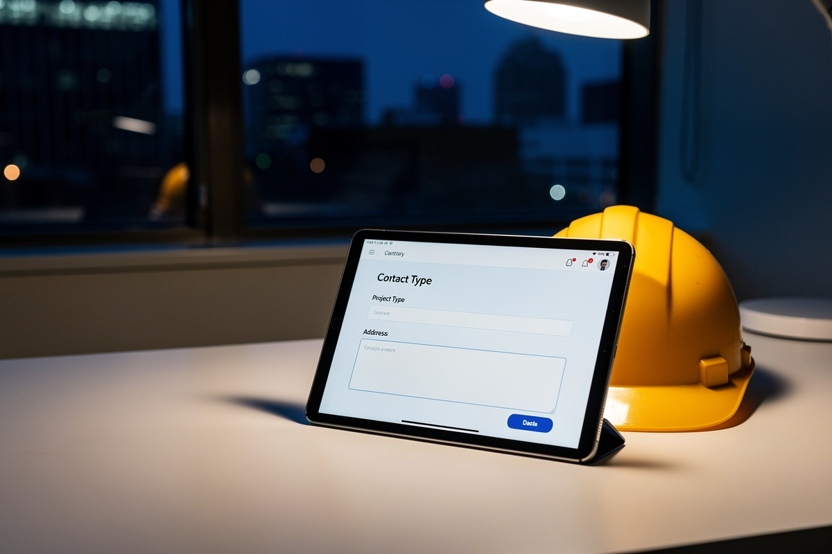 Formulaire de devis en ligne affiché sur tablette, solution numérique pour capter les demandes chantier à toute heure