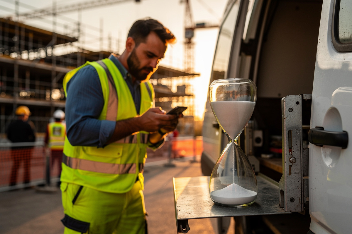 Artisan BTP consultant son téléphone en urgence près de son véhicule, illustrant la règle des 2h pour rappeler un prospect