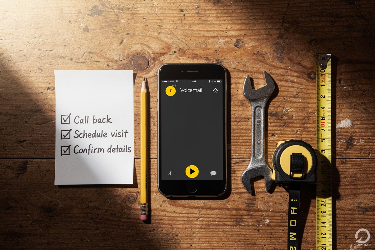 Checklist d'un script répondeur professionnel posée sur un établi d'artisan avec smartphone