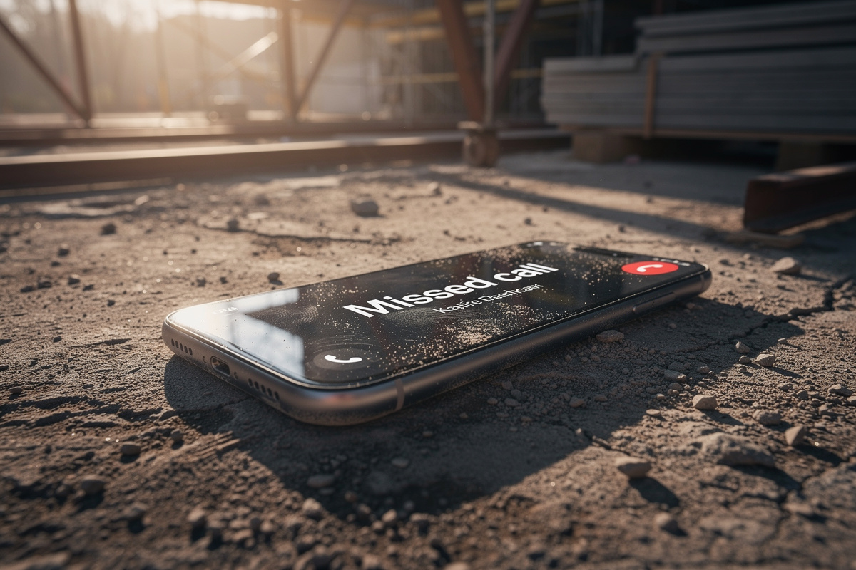 Appel manqué sur smartphone de chantier illustrant les erreurs d'une boîte vocale artisan inefficace