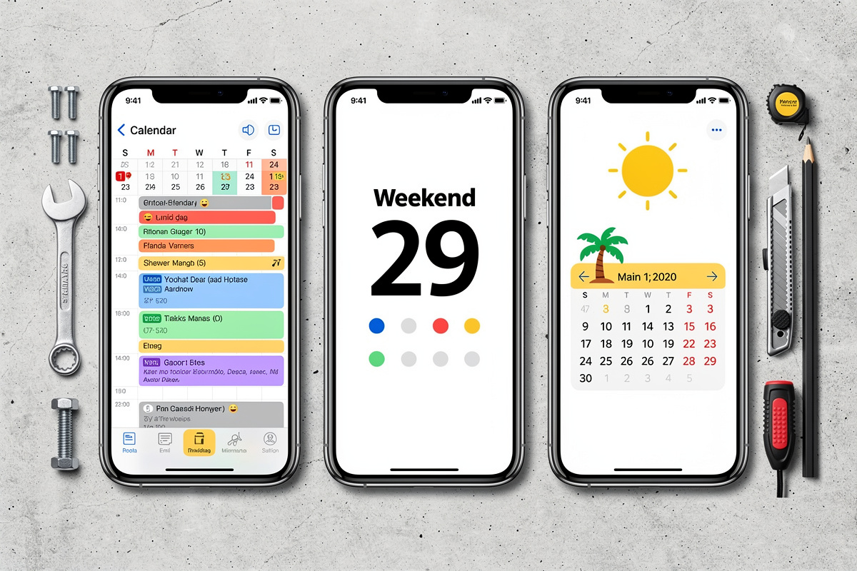 Trois smartphones affichant des scripts d'accueil adaptés au chantier, week-end et congés pour artisan