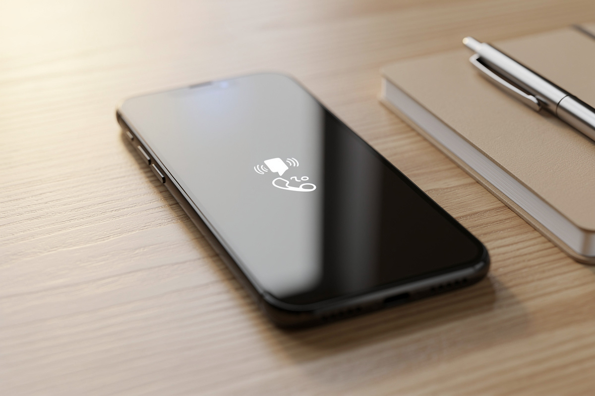 Smartphone affichant une notification de messagerie vocale professionnelle sur un bureau épuré de TPE