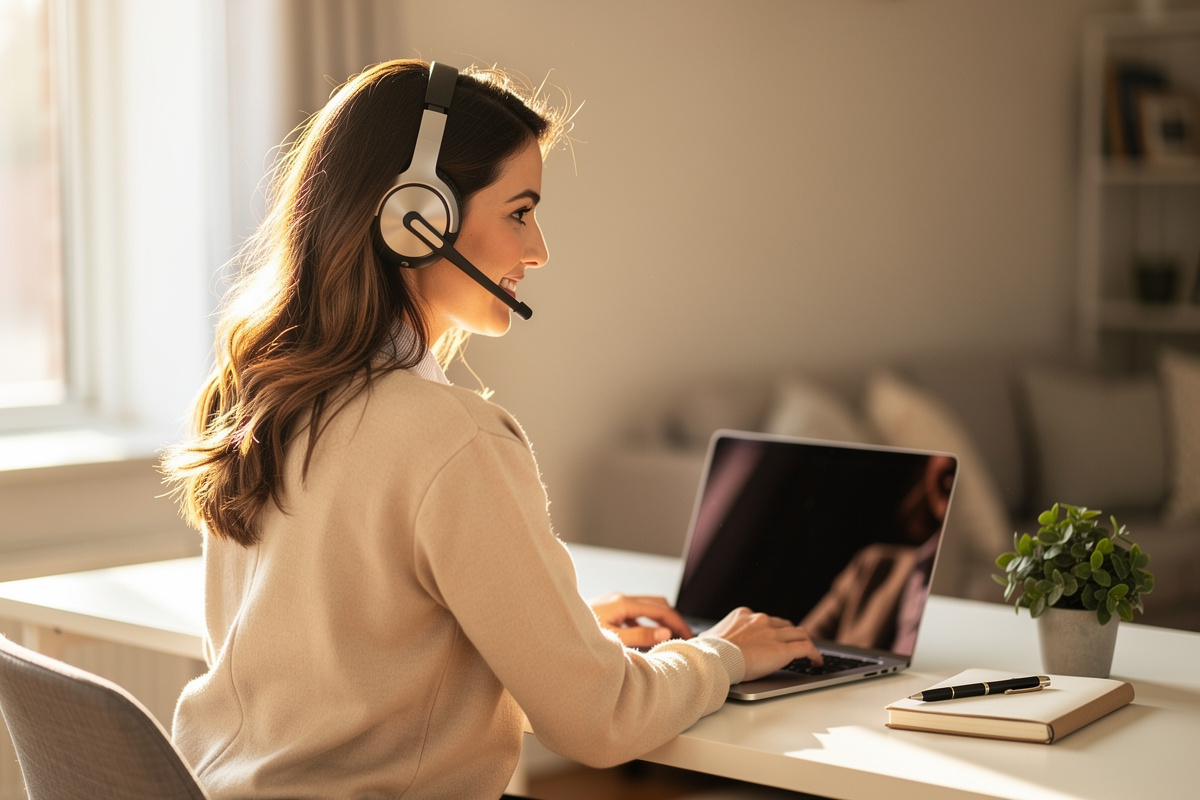 Secrétaire téléphonique à distance avec casque audio dans un bureau à domicile lumineux pour PME