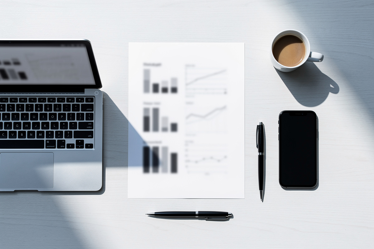 Vue aérienne d'un bureau avec documents de comparatif de solutions téléphoniques pour PME