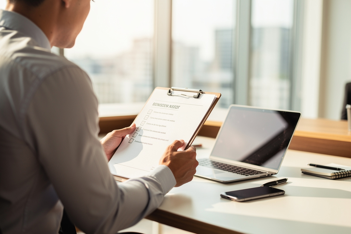 Dirigeant de PME consultant une check-list avant de souscrire une solution de permanence téléphonique