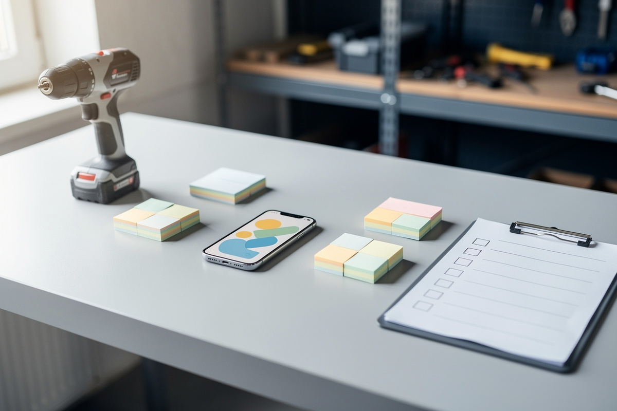 Mini-process en 4 étapes pour la qualification appels, posé sur un établi de chantier.