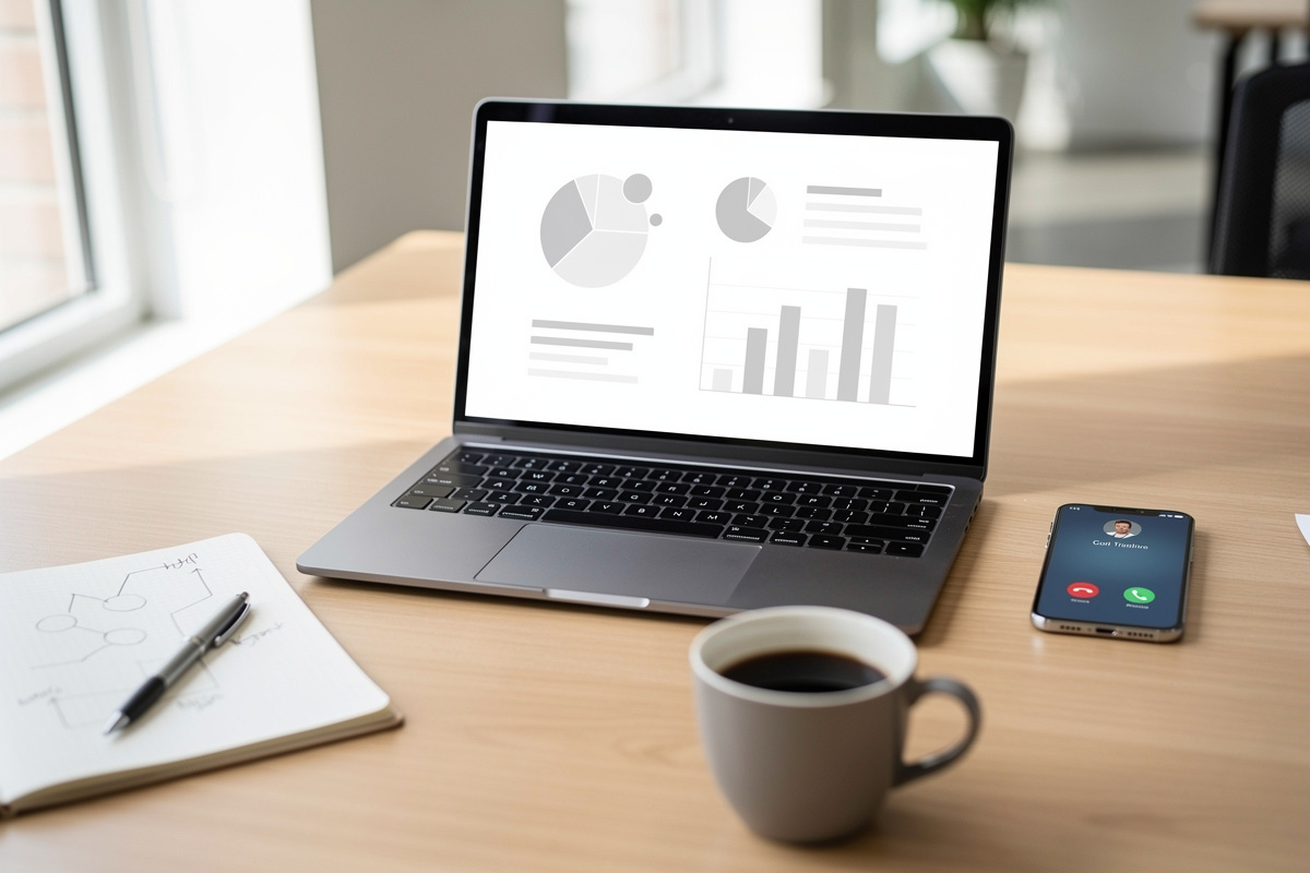 Mesure des KPI de qualification appels avec tableau de bord, téléphone et indicateurs de performance.