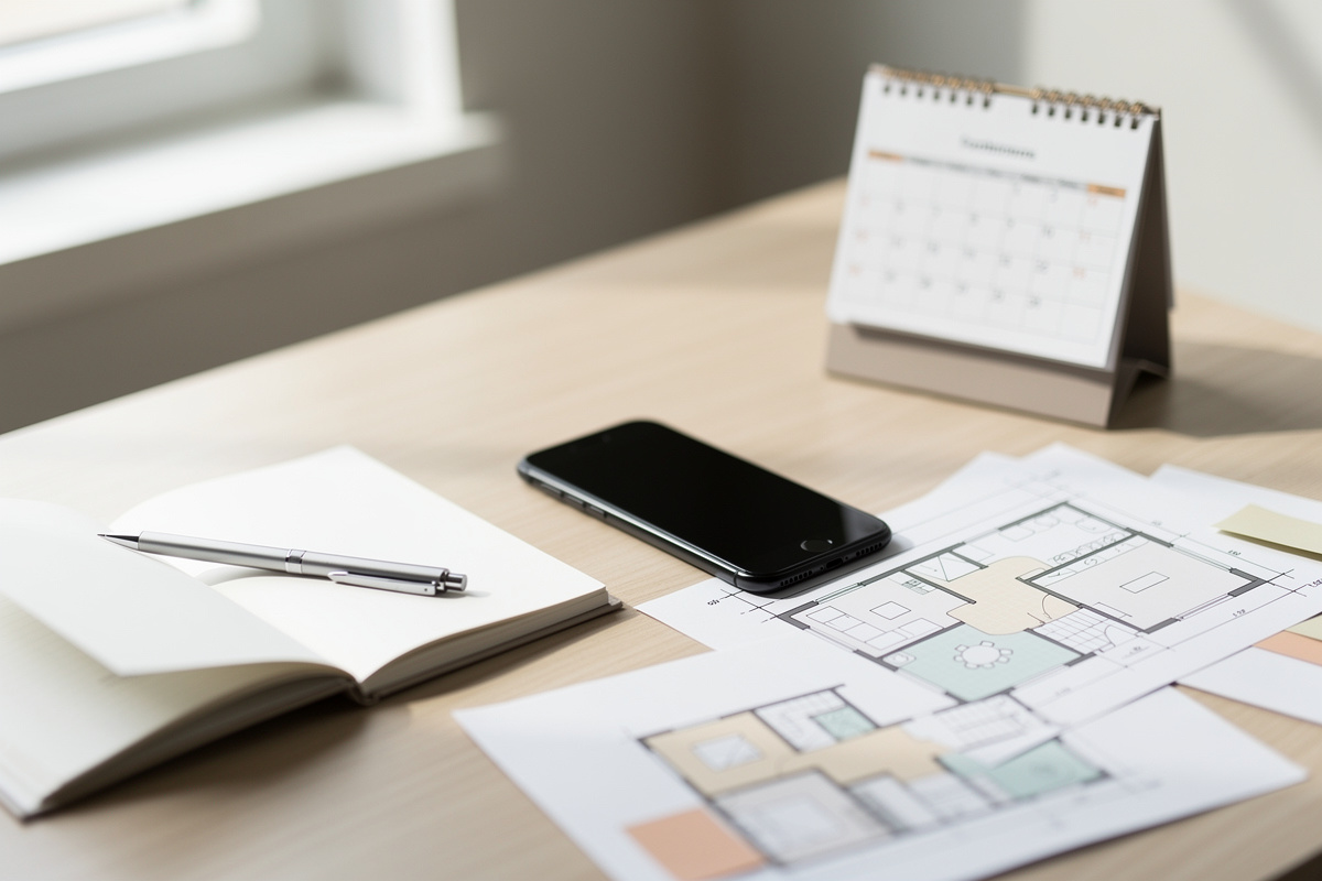 Appel de qualification devis efficace avec téléphone, agenda et notes de rendez-vous