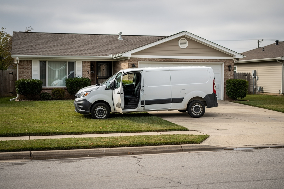 Camionnette d'artisan garée devant une maison pour un déplacement chiffrage potentiellement évitable
