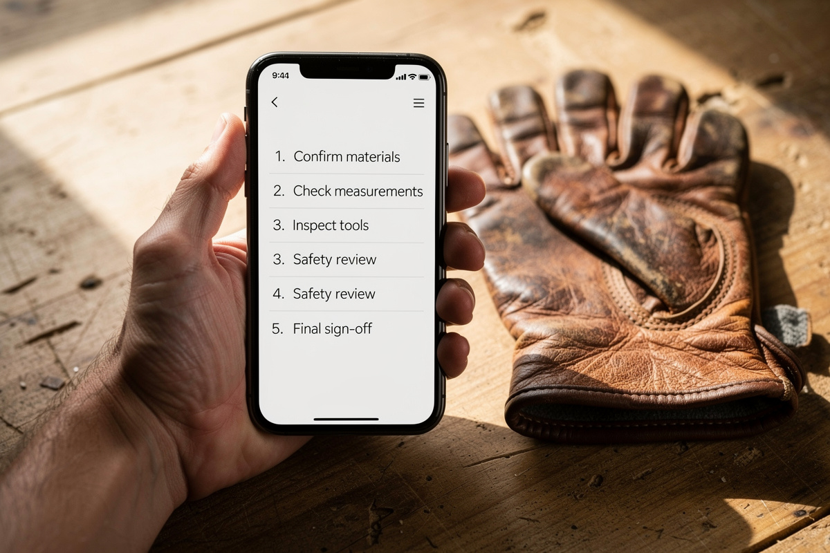 Checklist des 5 questions de qualification devis téléphone affichée sur smartphone d'artisan