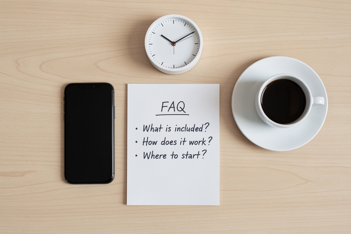 Bureau d'artisan avec téléphone et notes illustrant une FAQ sur la qualification devis par téléphone