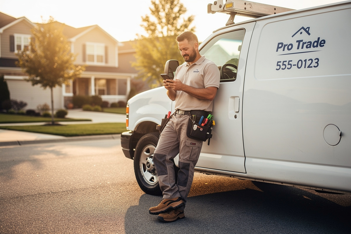 Artisan détendu consultant son téléphone, illustrant qu'une relance de devis n'est pas une démarche intrusive
