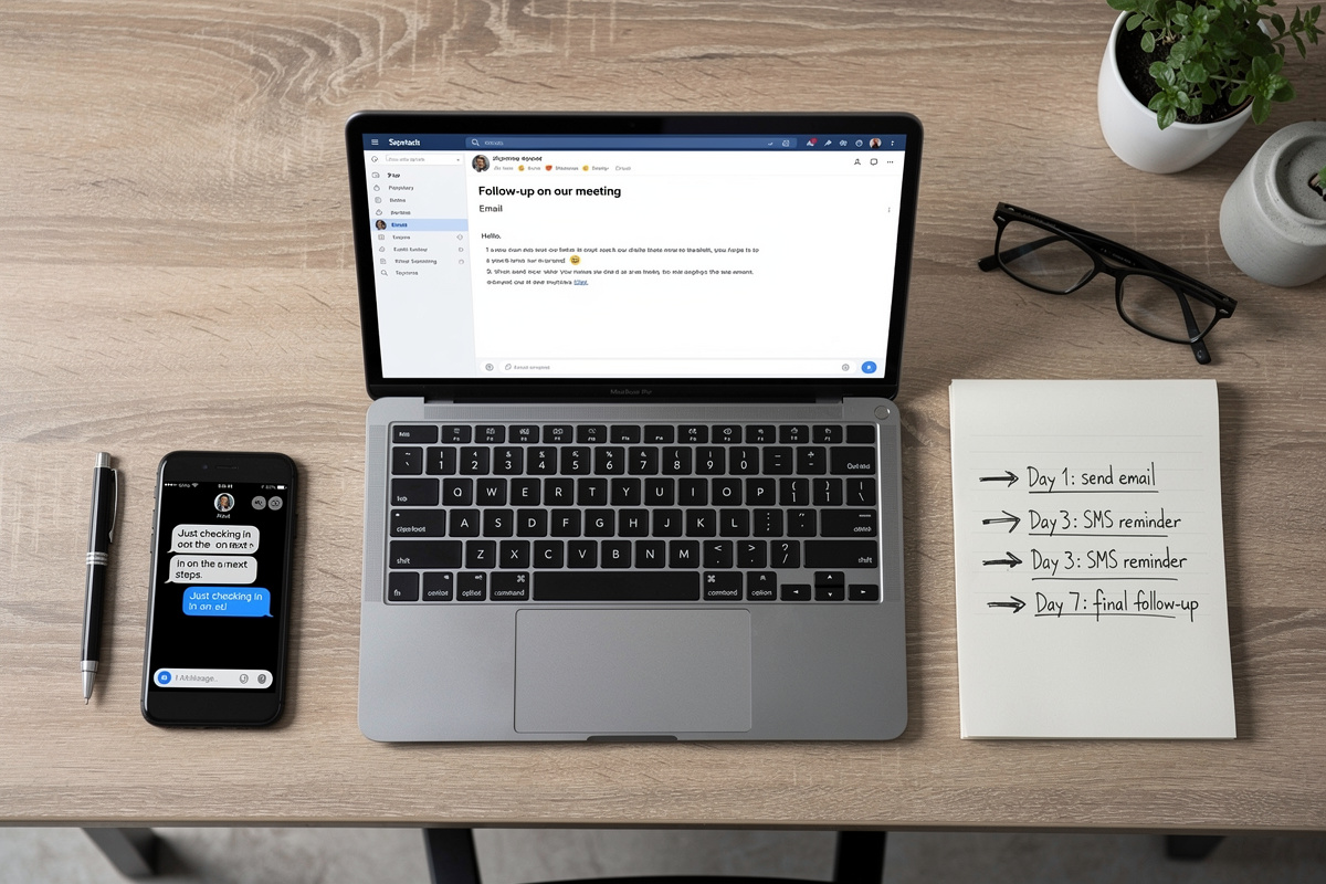 Bureau d'artisan avec email, SMS et notes illustrant une séquence de relance devis multicanal en 3 étapes