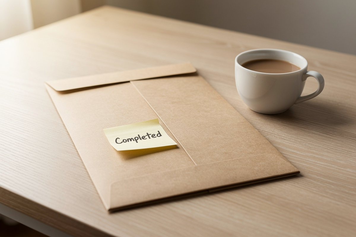 Dossier fermé sur un bureau symbolisant la clôture propre d'un devis sans réponse après plusieurs relances