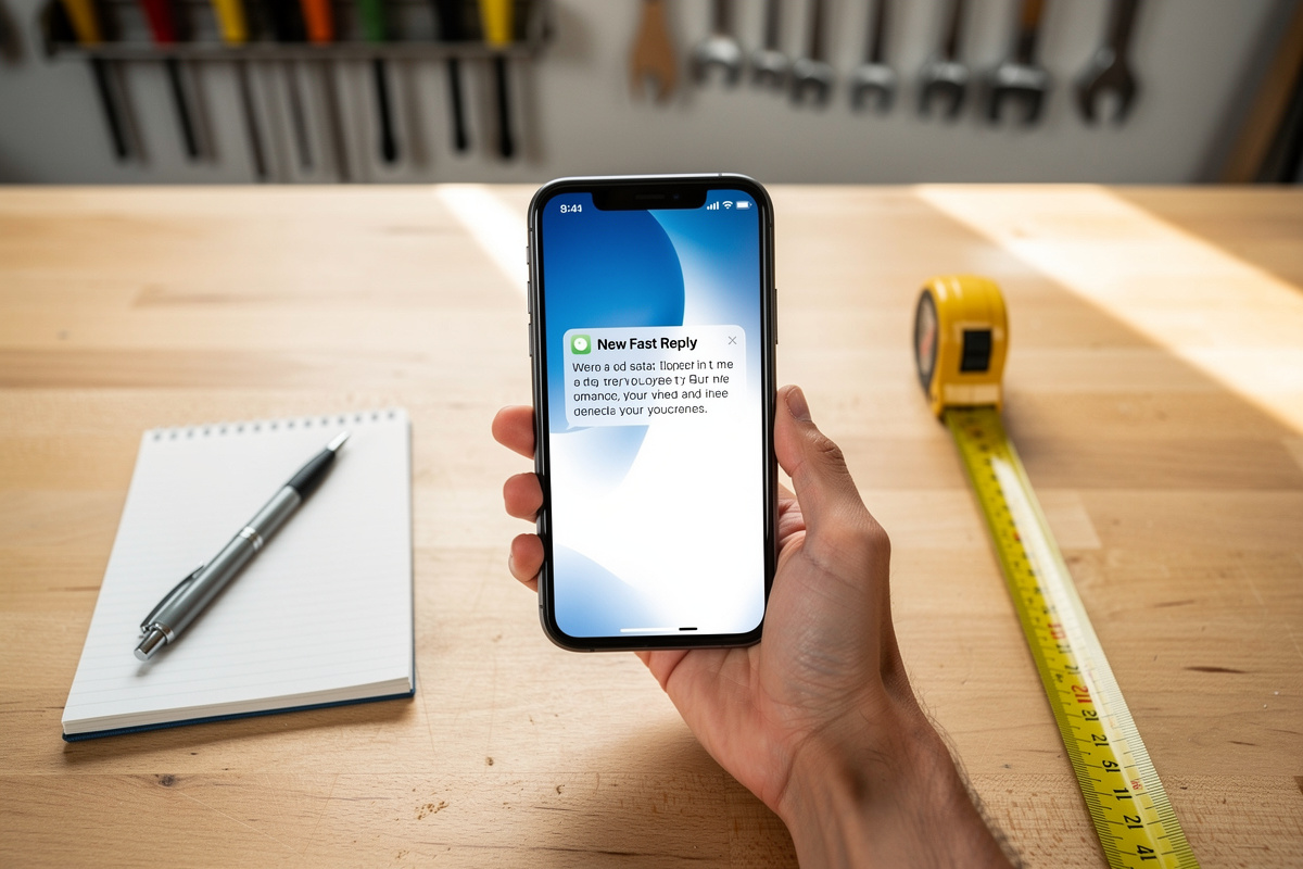 Artisan répondant rapidement à une demande de devis sur smartphone pour inspirer confiance dès le premier contact