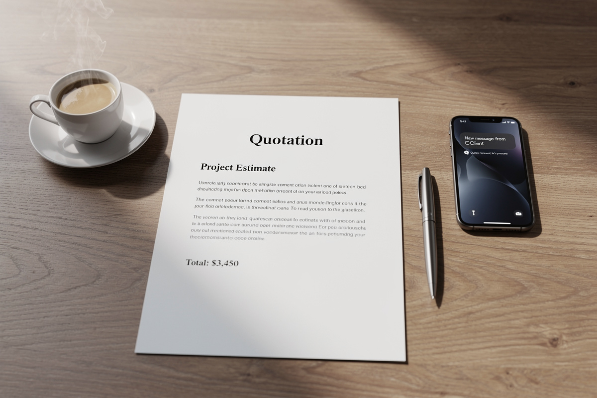 Devis artisan sans réponse posé sur un bureau avec rappel de relance client en attente sur téléphone