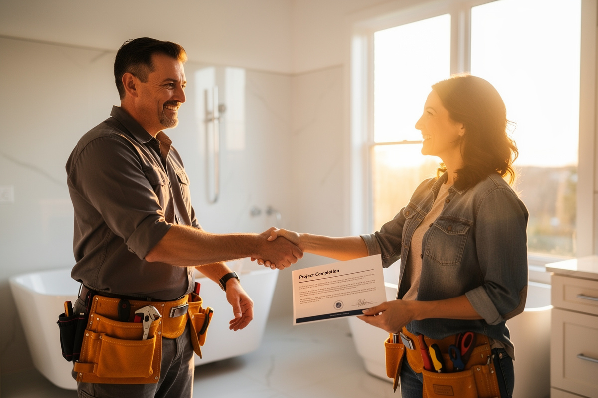 Artisan remettant les documents de fin de chantier à un client satisfait pour obtenir un avis Google positif