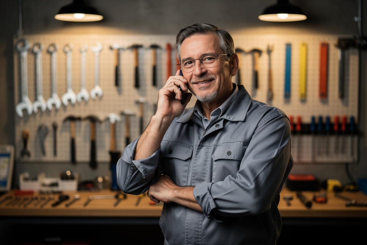 Artisan gérant calmement un client mécontent par téléphone dans son atelier, maîtrise de la relation client