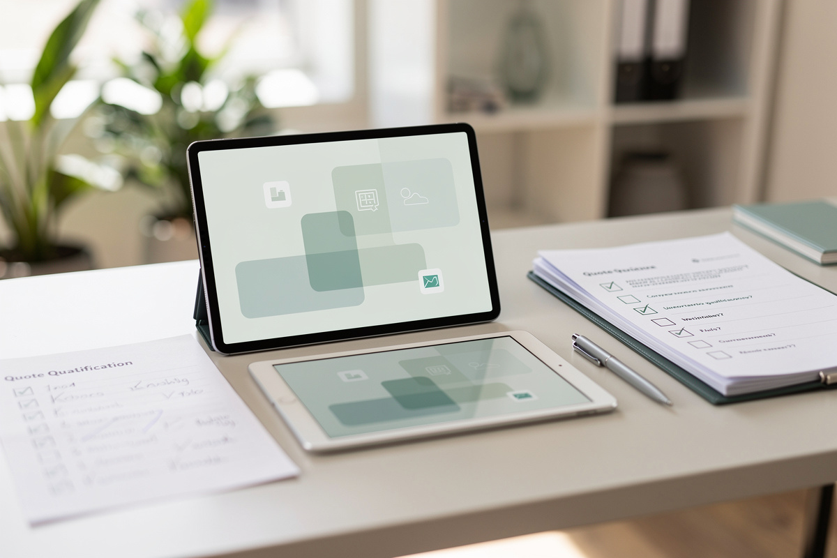 Tablette et checklist pour qualifier un besoin avant devis dans une relation client fluide.