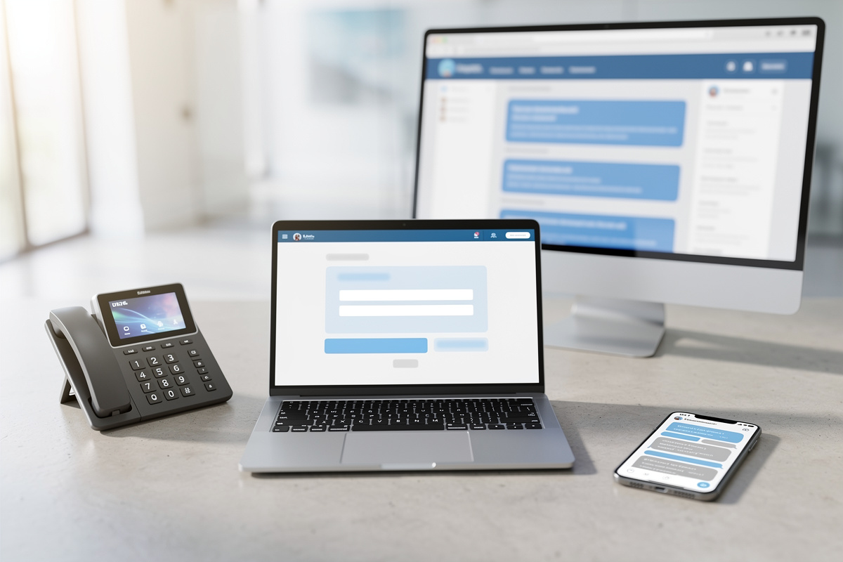 Bureau avec téléphone, formulaire, email et messagerie pour montrer des scripts de relation client.