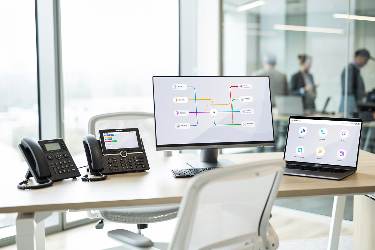 Comparatif visuel de plusieurs solutions de repondeur professionnel sur un bureau moderne