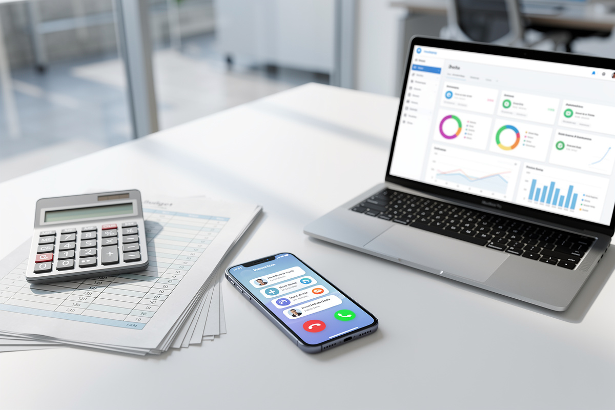 Téléphone, calculatrice et interface de suivi pour choisir un repondeur professionnel selon volume et budget