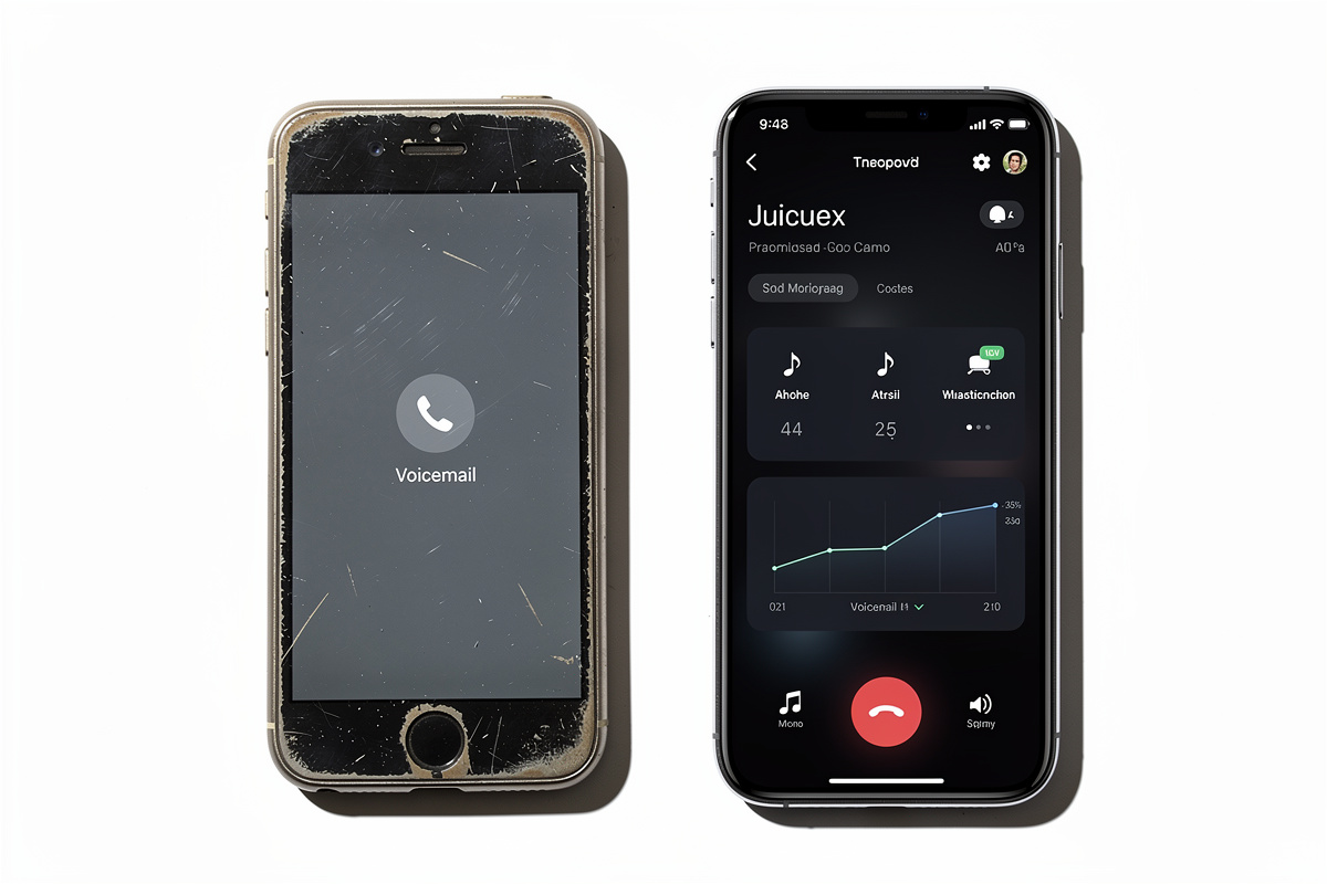 Comparaison entre messagerie vocale classique et répondeur professionnel moderne sur deux smartphones