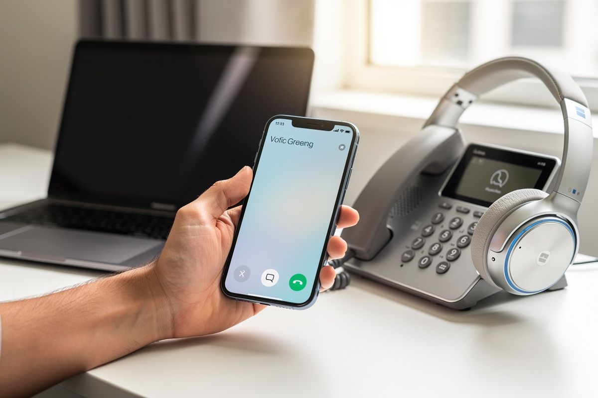 Paramétrage concret d’un repondeur professionnel sur smartphone et téléphone de bureau dans un espace de travail moderne.