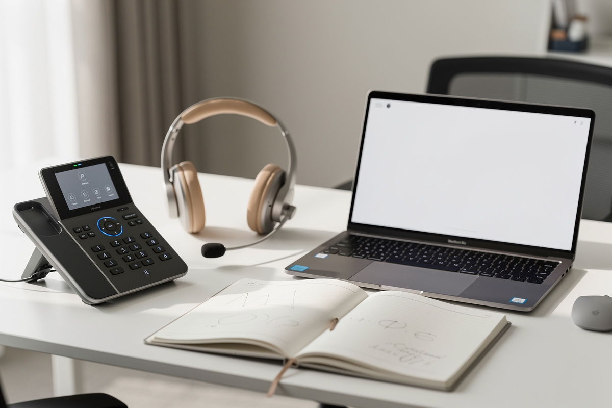 FAQ sur le repondeur professionnel avec un bureau organisé pour consulter rapidement les bonnes pratiques.