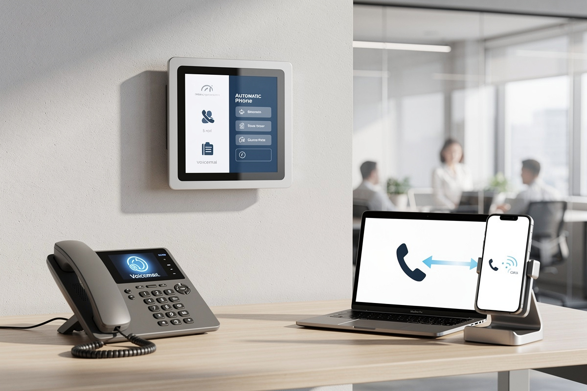 Comparaison visuelle entre répondeur professionnel, standard automatique et renvoi d’appel dans un bureau lumineux