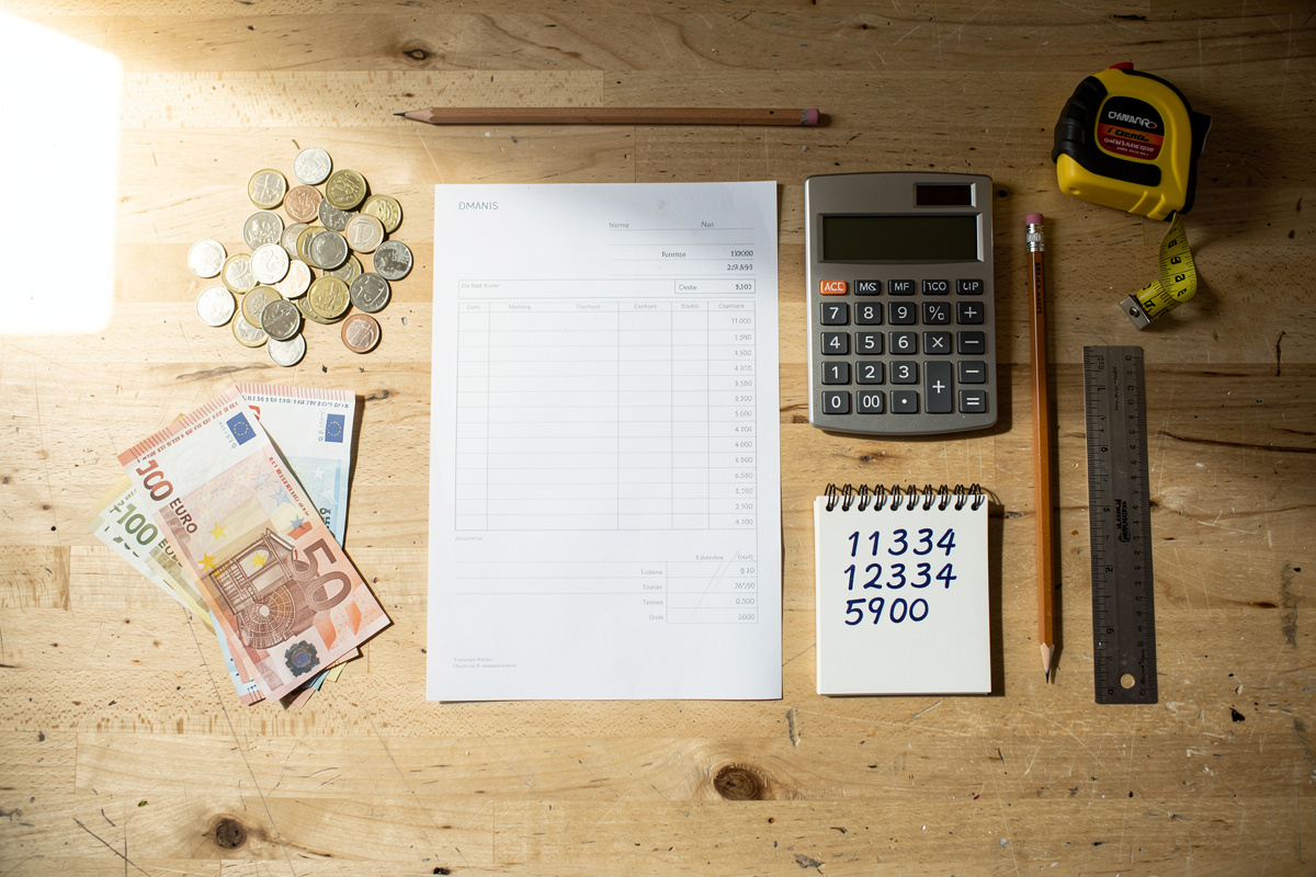 Calculatrice et factures sur un établi d'artisan pour comparer les tarifs d'un télésecrétariat externalisé