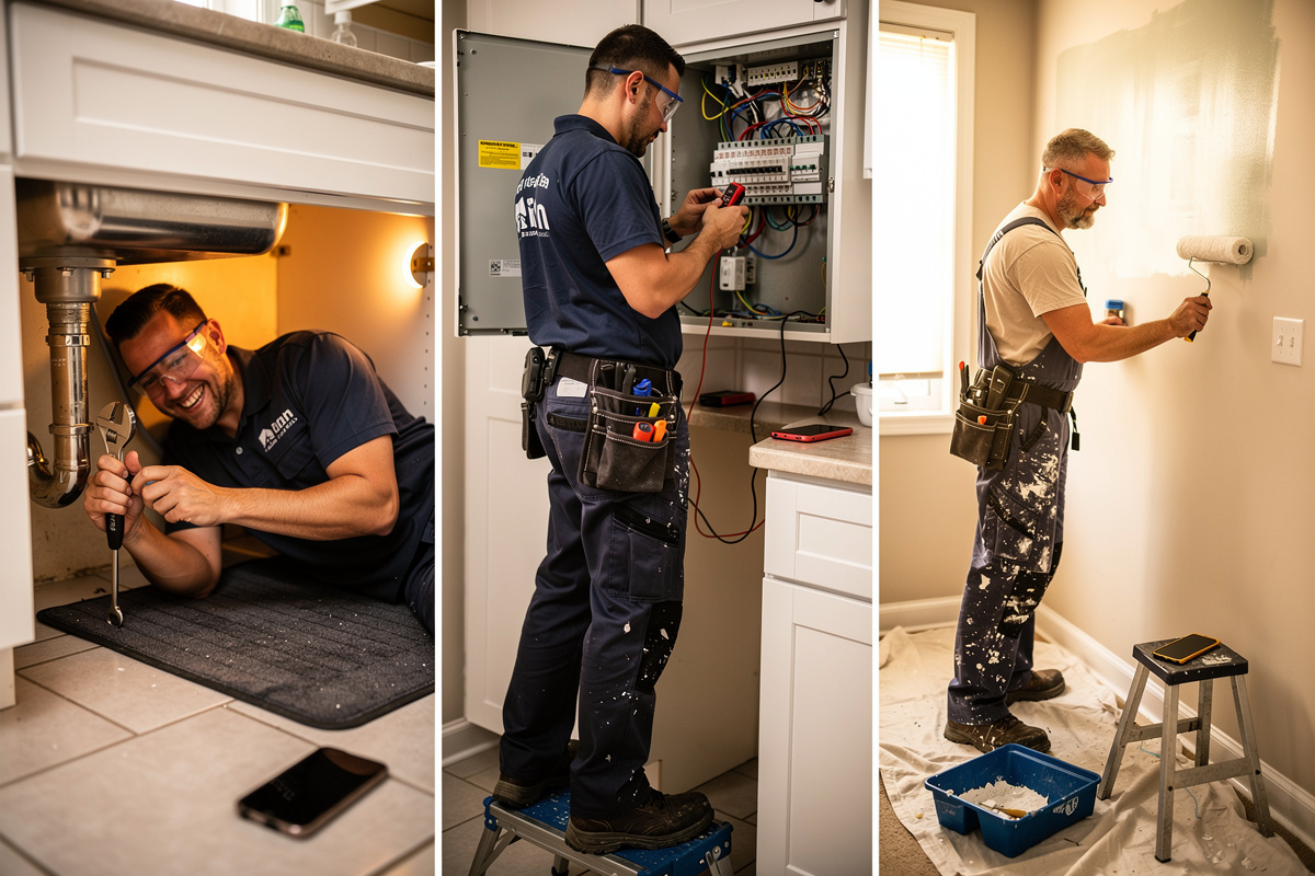 Trois artisans en intervention illustrant les témoignages sur le secrétariat téléphonique externalisé