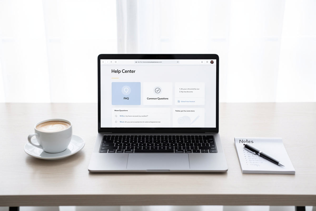 Bureau épuré avec ordinateur ouvert pour répondre aux questions fréquentes sur le secrétariat téléphonique externalisé