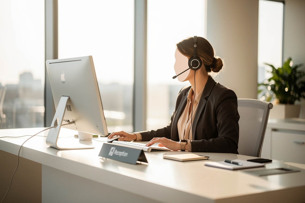 Secrétaire externalisée professionnelle décrochant les appels à la place d'un artisan