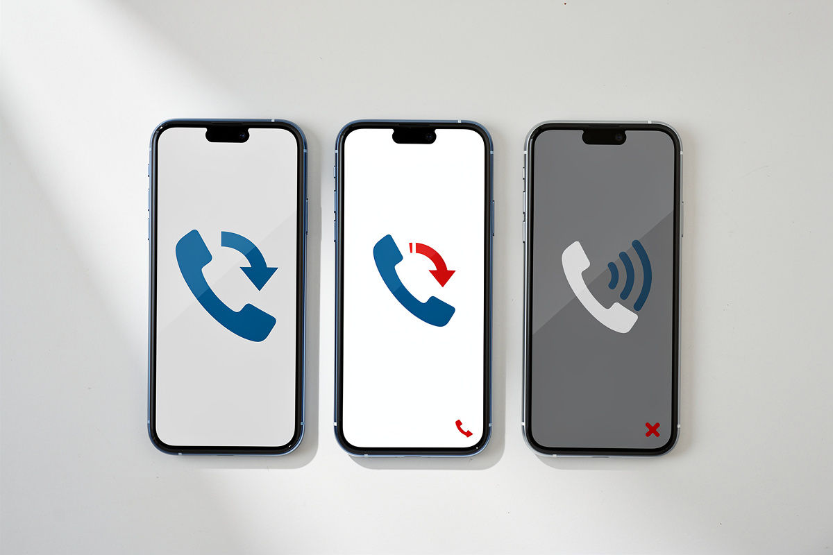 Trois modes de renvoi d'appel illustrés sur smartphones : inconditionnel, sur non-réponse et sur occupé